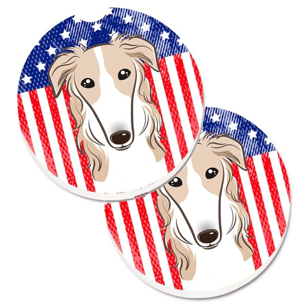 Carolines Treasures American Flag and Borzoi Set of 2 Cup Holder Car Coaster BB2158CARC - main